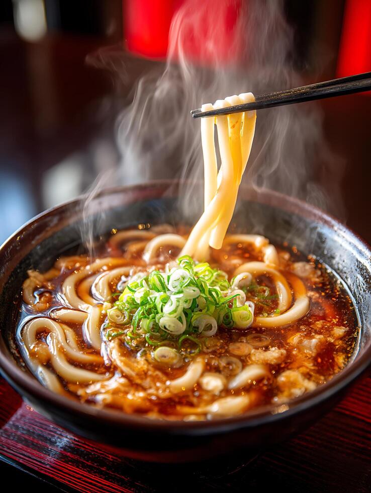 Steaming Bowl of Udon Noodles A Close Up of Japanese Cuisine. photo