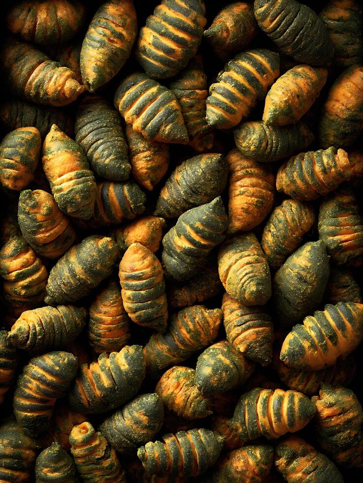 Close Up of a Pile of Spiraled and Textured Bread Rolls. photo