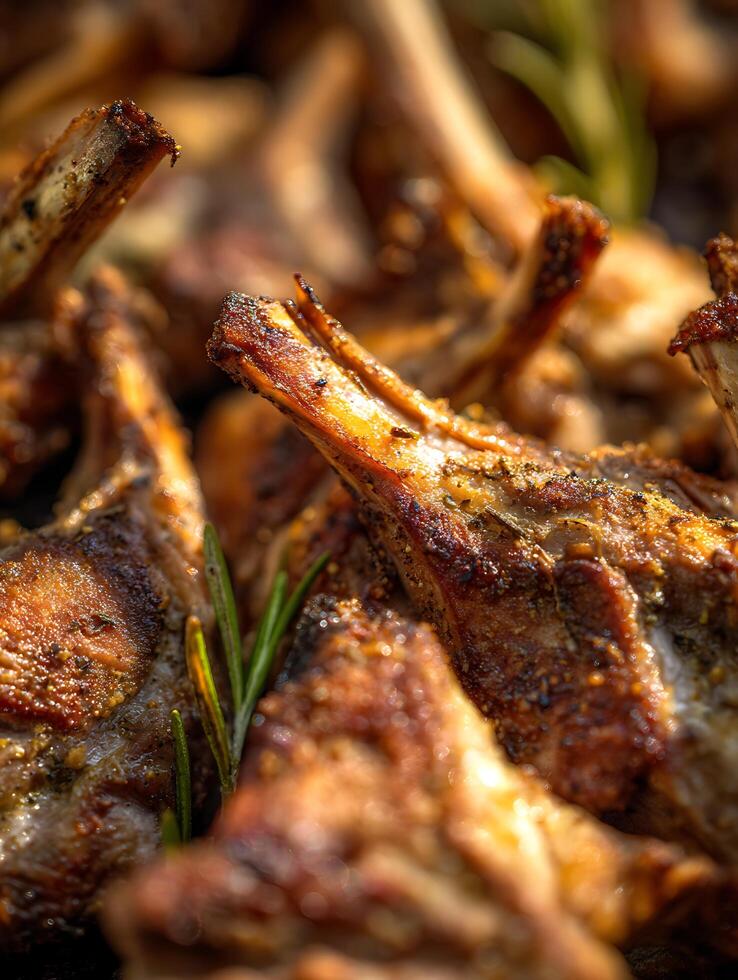 Close Up of Delicious Grilled Lamb Chops with Rosemary. A mouthwatering image perfect for food blogs, magazines, and cookbooks. photo