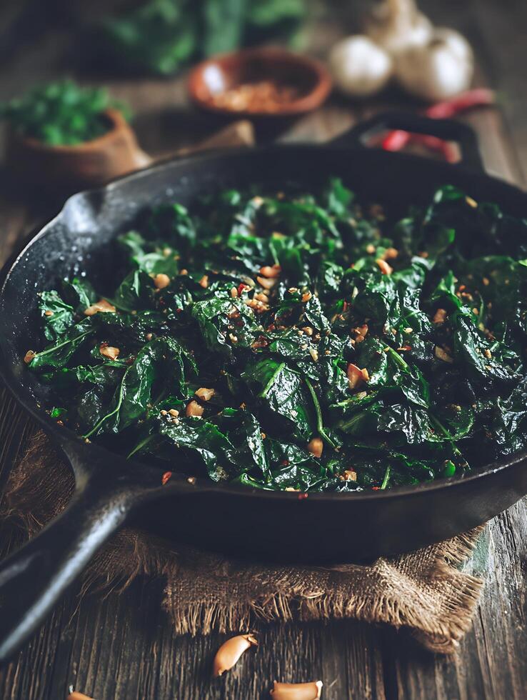 Sauteed Kale with Garlic and Chili Flakes in a Cast Iron Skillet. photo