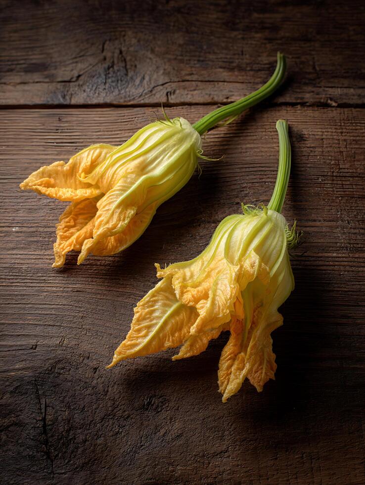 Two Fresh Squash Blossoms on Rustic Wooden Surface. photo