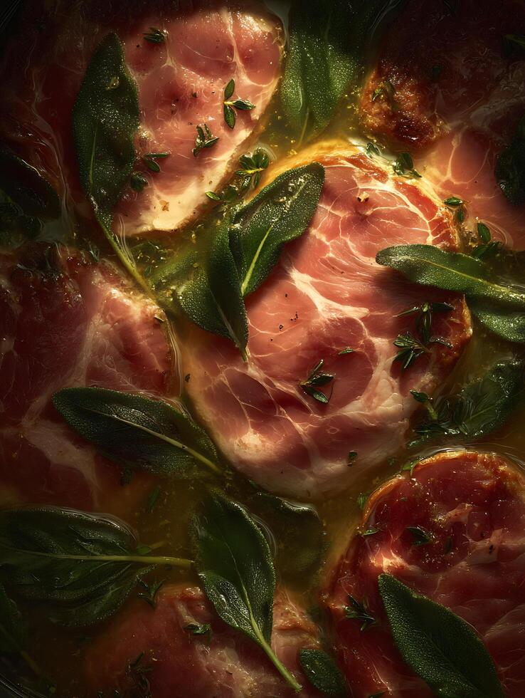 Close Up of Marinated Pork Chops with Sage and Herbs. A detailed overhead shot showcasing succulent meat. photo