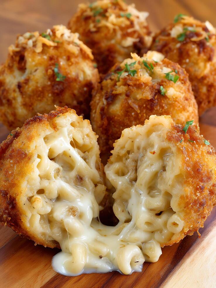 Close up of Crispy Mac and Cheese Balls with Melted Cheese. photo