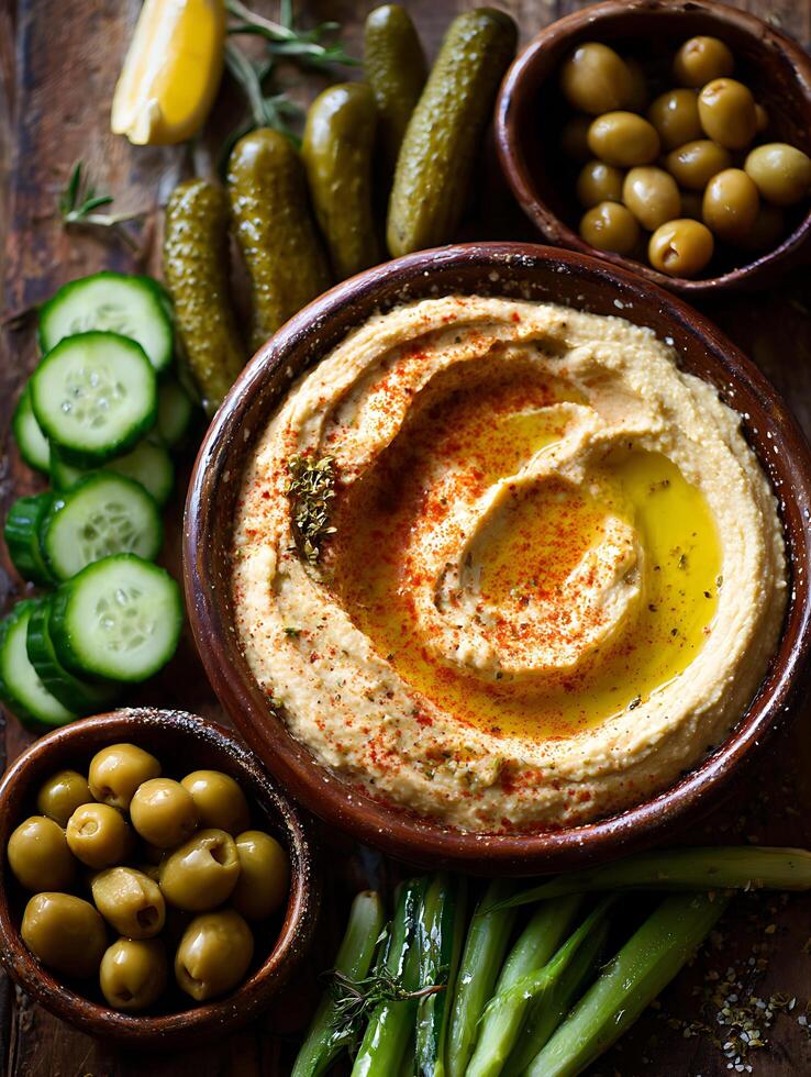 Delicious Hummus Bowl with Fresh Vegetables and Olives. photo