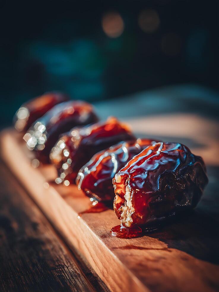 Close up of Sweet Dates Stuffed with Nuts, Drizzled with Caramel. A Delicious and Gourmet Food Photography Image. photo
