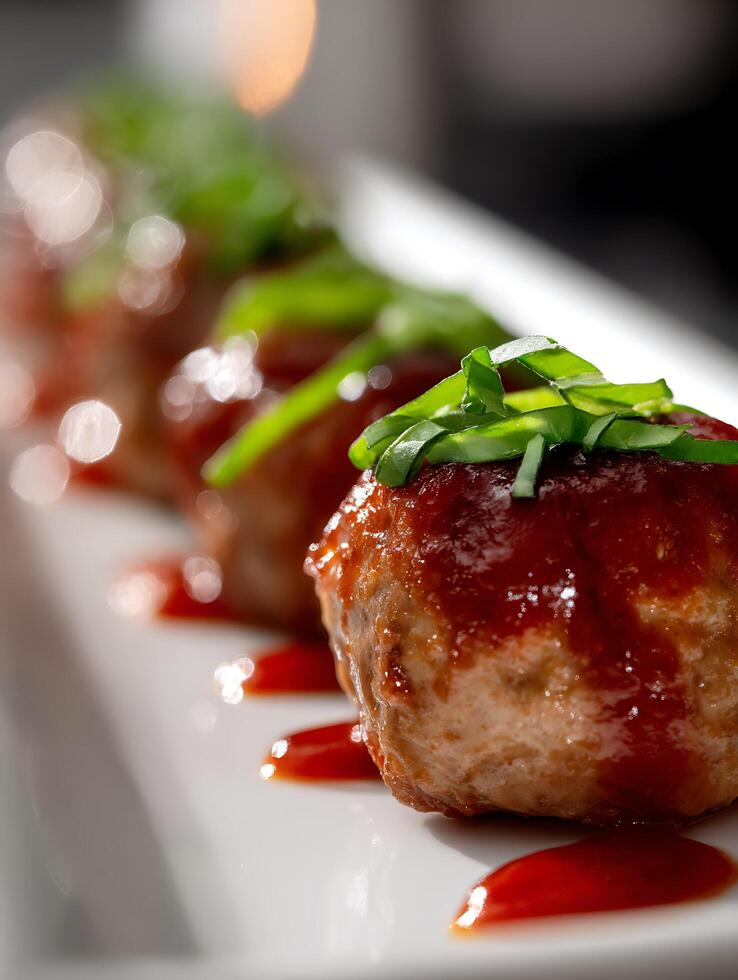 Close up of Delicious Meatballs in Red Sauce Garnished with Fresh Herbs. photo