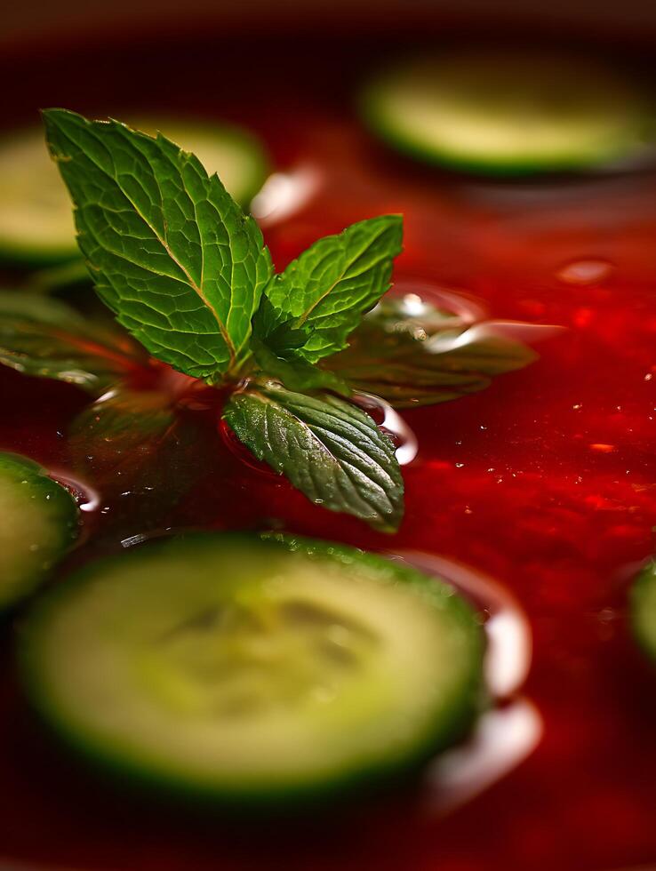 Close up of fresh mint leaf floating in red gazpacho with cucumber slices. photo