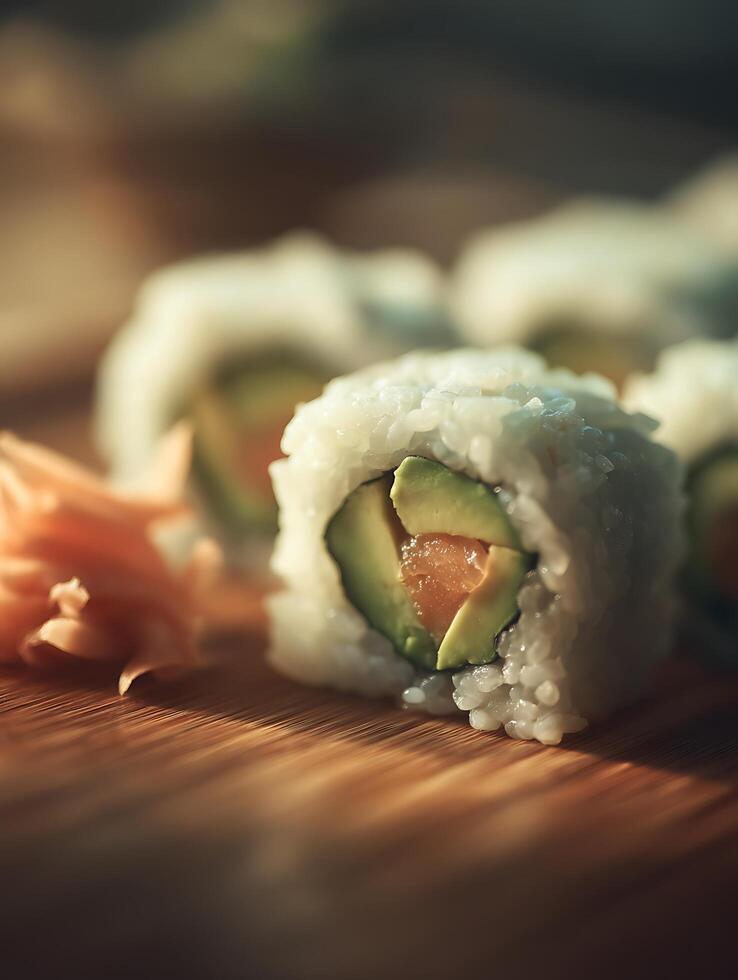 Close up of California Sushi Rolls with Avocado and Salmon on Wooden Surface. photo