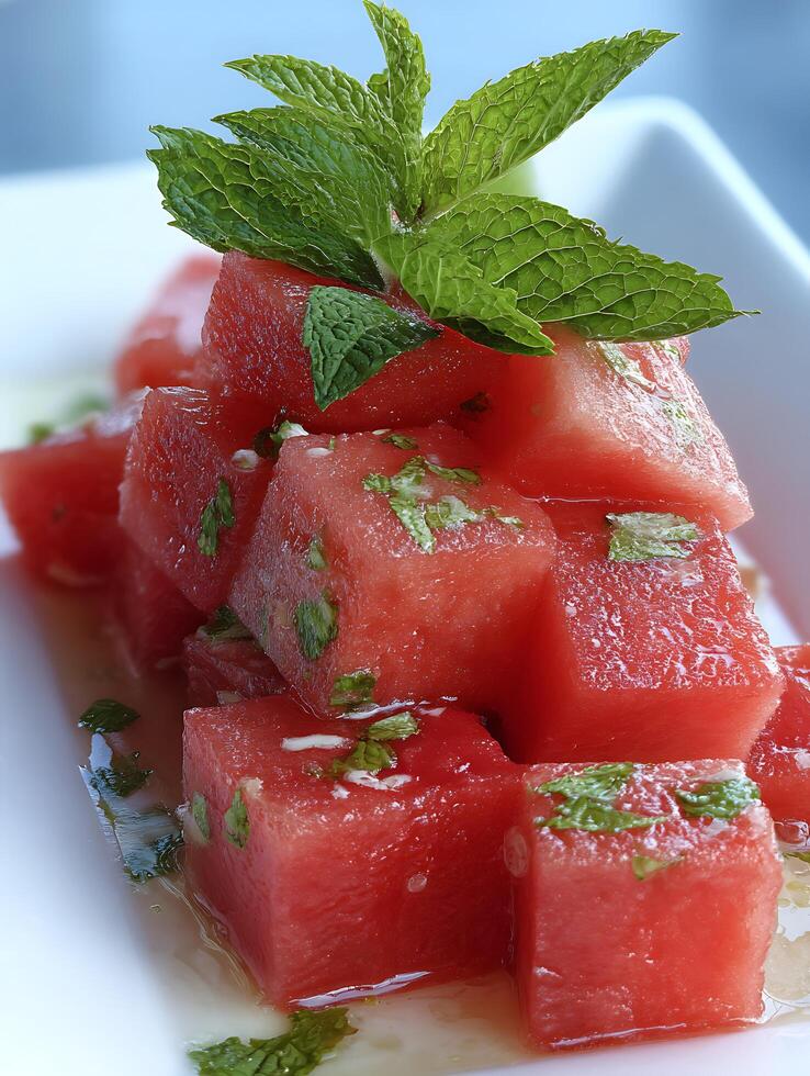 Refreshing Watermelon and Mint Salad Close Up of Cubes with Fresh Herbs. photo