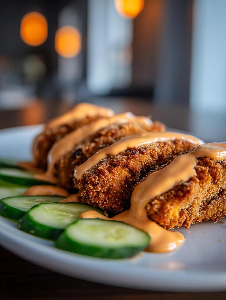 Close up of Crispy Fried Food with Creamy Sauce and Cucumber Slices. photo