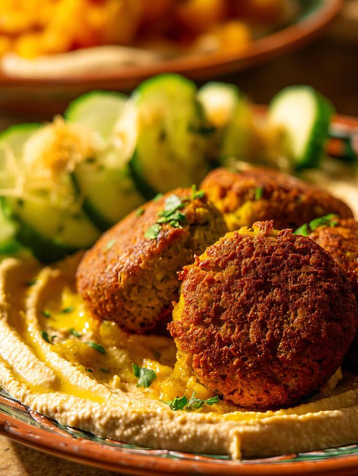 Close Up of Falafel with Hummus and Cucumber Salad. A delicious and healthy Mediterranean meal. photo