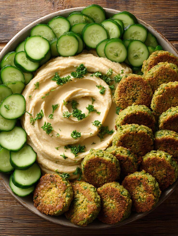 Close up of a Bowl of Hummus, Falafel, and Cucumber Slices. photo