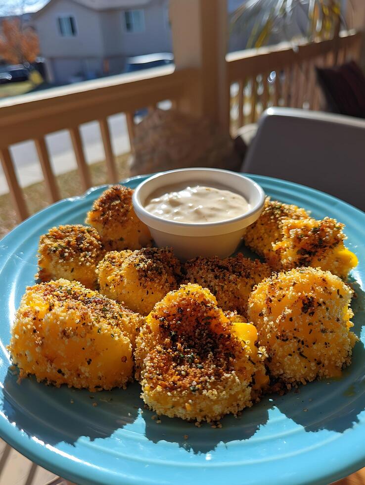 Crispy Fried Cheese Bites with Creamy Dip on a Blue Plate. photo