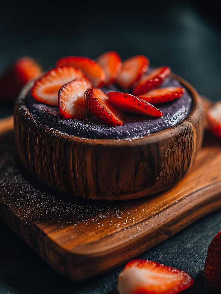 Close up of Acai Bowl with Fresh Strawberries in Wooden Bowl. photo