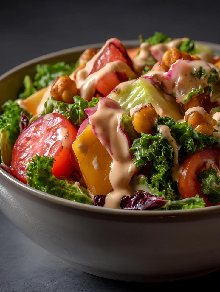Close up of a vibrant salad with roasted chickpeas, mixed greens, and creamy dressing. photo