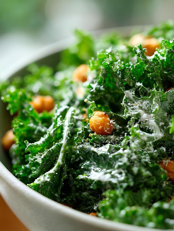 Close Up of a Delicious Kale Salad with Roasted Chickpeas and Creamy Dressing. photo