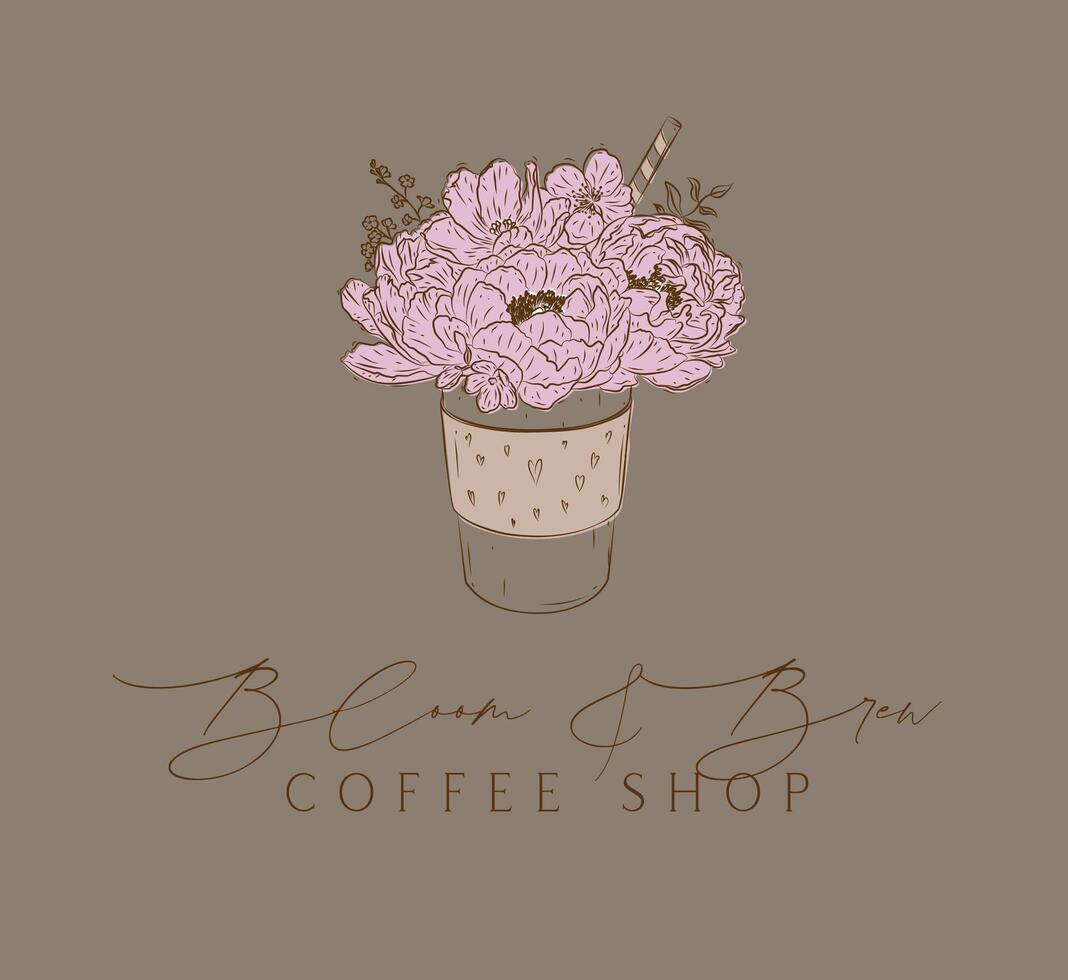 Coffee shop bloom and brew label design with lettering bloom and brew drawing in floral style on brown background vector
