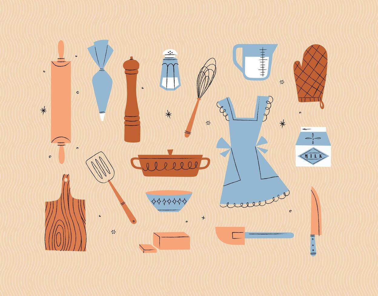 Kitchen utensils rolling pin, pastry bag, pepper grinder, whisk, measurable cup, oven mitts, spatula, pan, bowl, butter, knife drawing in vintage style on beige background vector