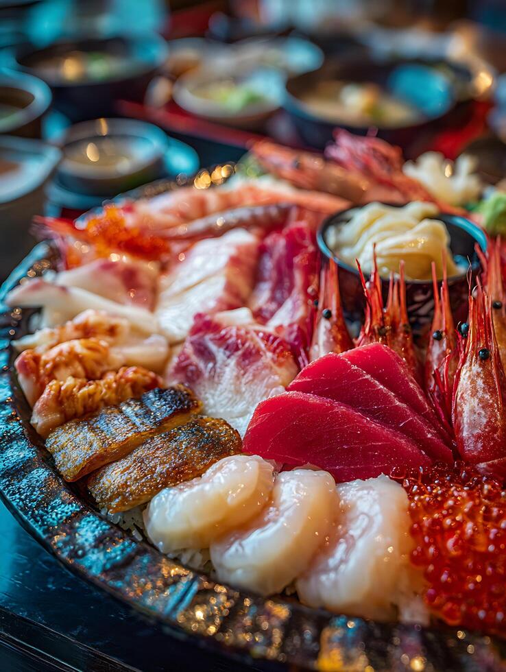 Close Up of a Delicious and Colorful Seafood Platter. A vibrant array of fresh fish, shrimp, and other seafood delights arranged artfully on a bed of rice. photo