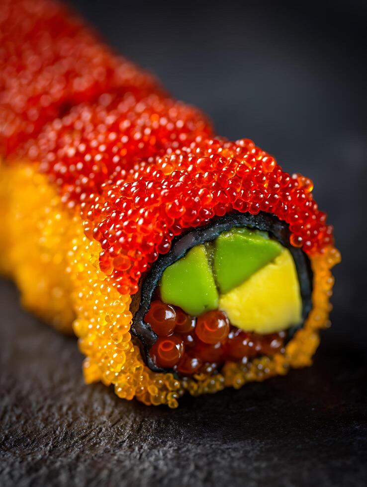 Close up of Colorful Sushi Roll Topped with Fish Roe. photo