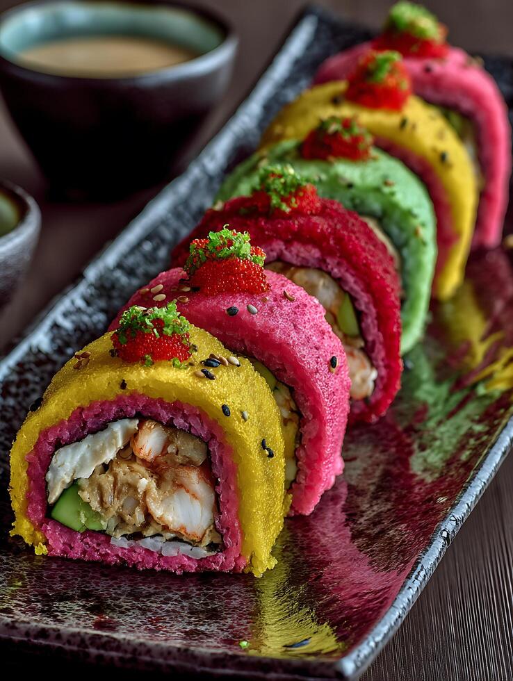 Colorful Rainbow Sushi Rolls on a Dark Plate Close Up of Gourmet Japanese Cuisine. photo
