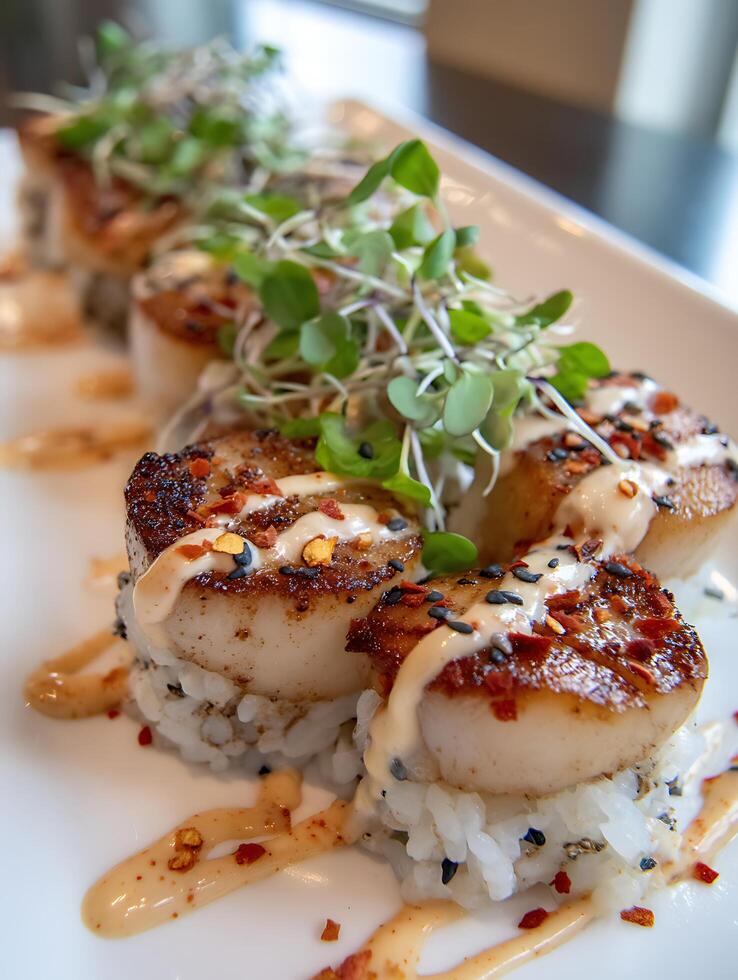 Close Up of Gourmet Seared Scallops on Rice with Microgreens and Spicy Mayo. photo