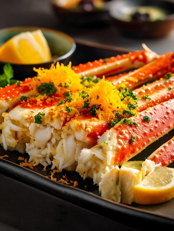 Delicious King Crab Legs with Lemon and Herbs, Close Up Food Photography. photo