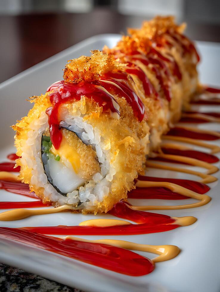 Close up of Crispy Fried Sushi Roll with Red and Yellow Sauce Drizzle. photo