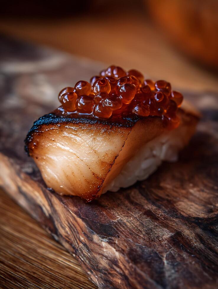 Close up of grilled sushi topped with orange caviar on a wooden board. photo