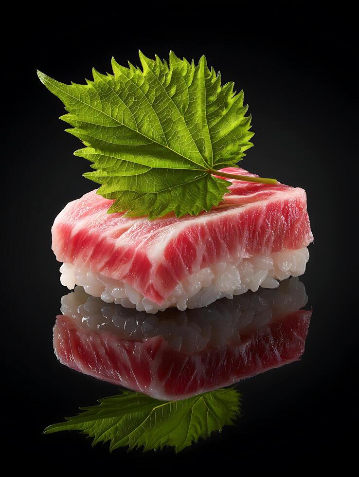 Close up of a single piece of red tuna sushi topped with a green leaf, reflected on a black surface. photo