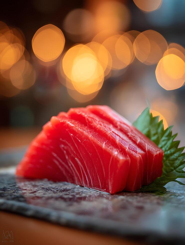 Close up of Sashimi Tuna on a Stone Plate with a Blurred Background. photo