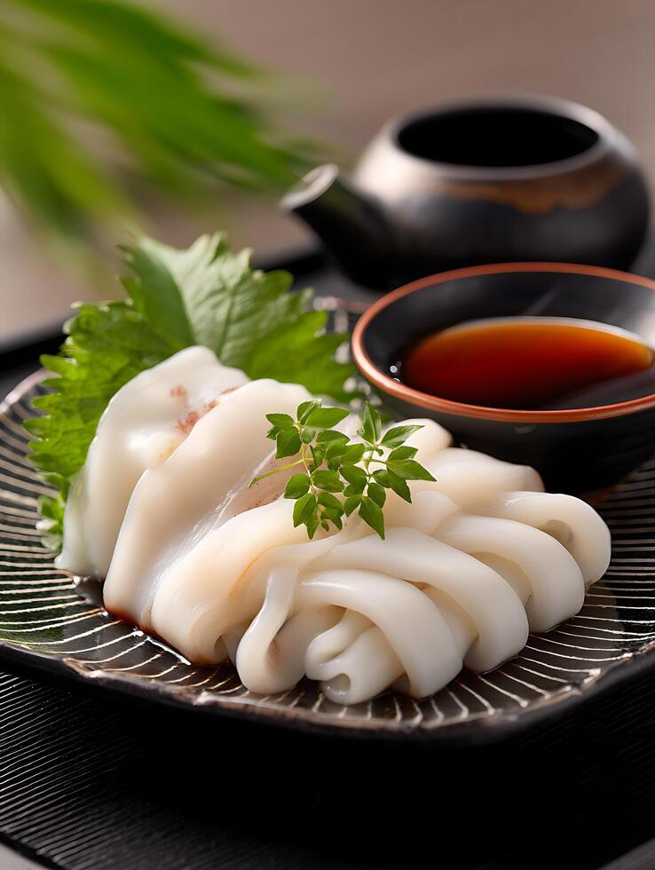 Close up of Sliced Squid on a Black Plate with Soy Sauce and Herbs. photo