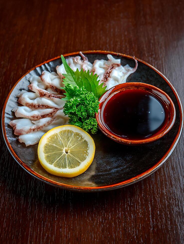 Sliced Squid Dish with Lemon and Soy Sauce on Dark Plate. A close up shot of a delicious seafood appetizer. photo
