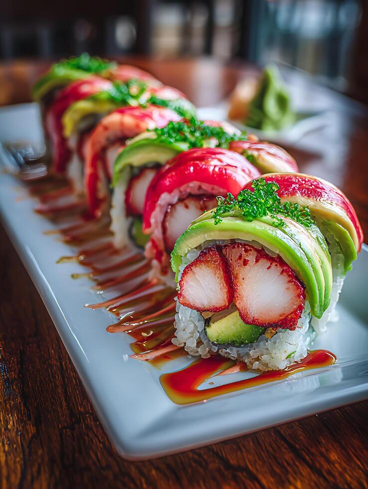 Delicious Sushi Roll Platter with Avocado and Red Fish, Close Up. photo