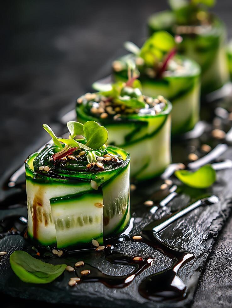 Close up of Cucumber Rolls with Sesame Seeds and Dressing. A gourmet appetizer elegantly arranged on a dark slate. photo
