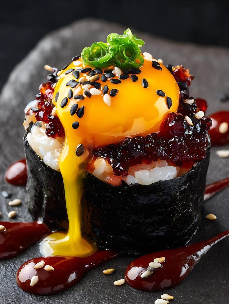 Gourmet Sushi Roll with Egg Yolk and Red Caviar Close Up. photo