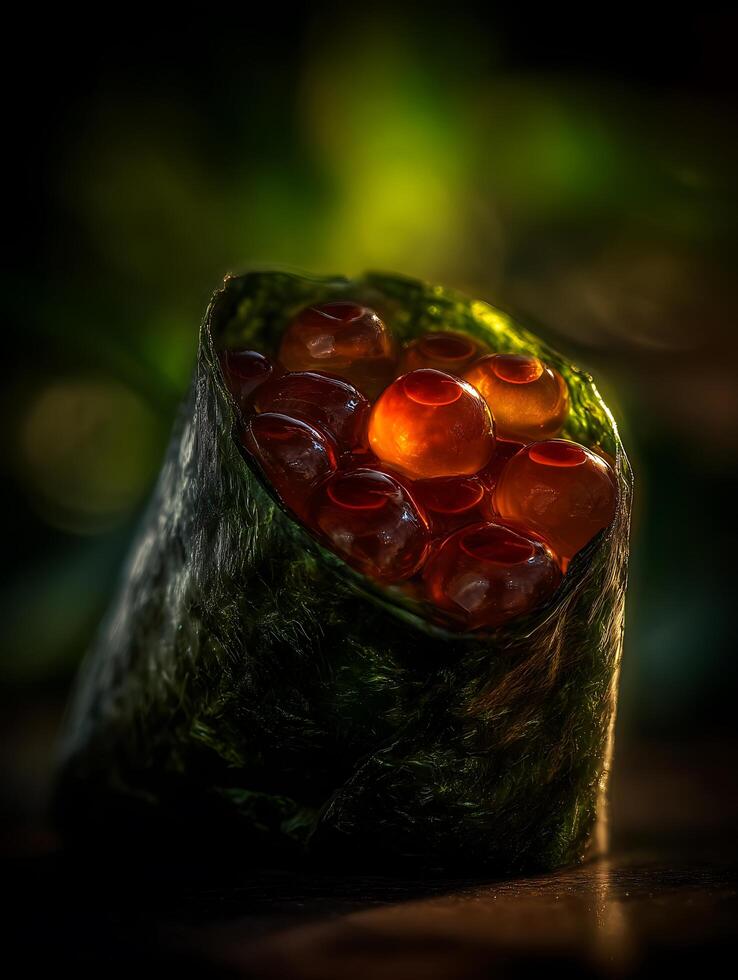 Close up of a single piece of sushi with salmon roe, illuminated by warm light. photo