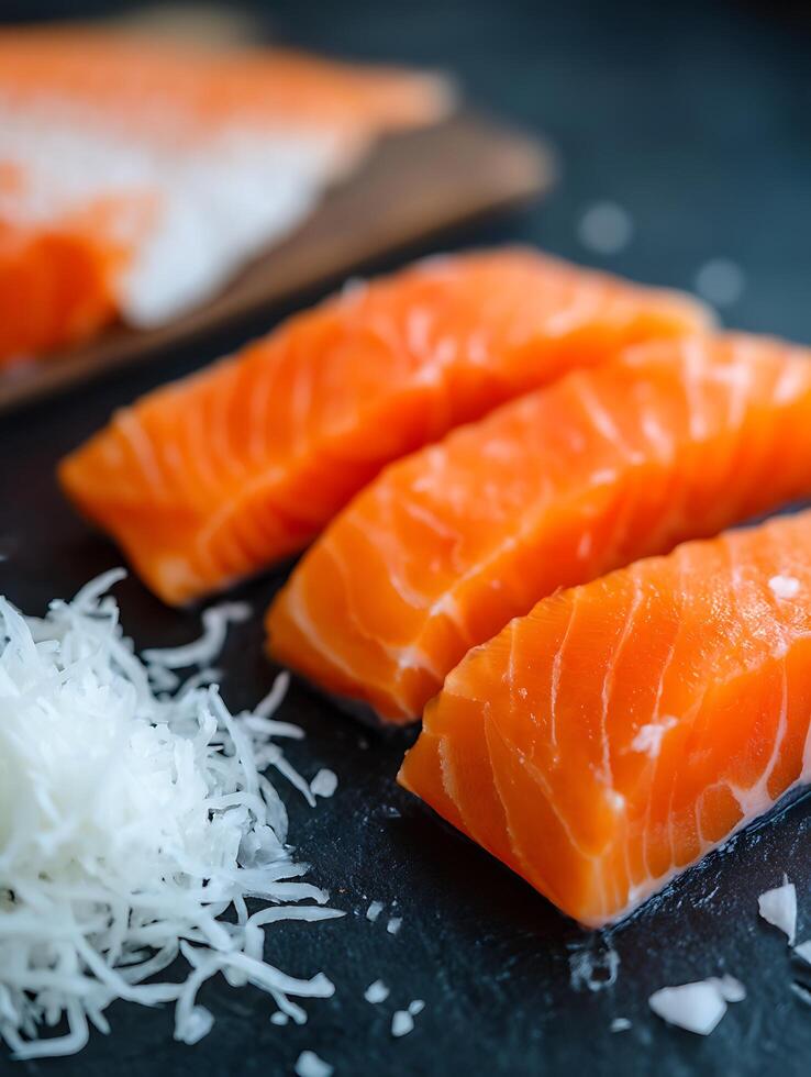 Fresh Salmon Fillet Sashimi Close Up with Grated Daikon. A detailed image of premium quality salmon pieces ready for preparation. photo