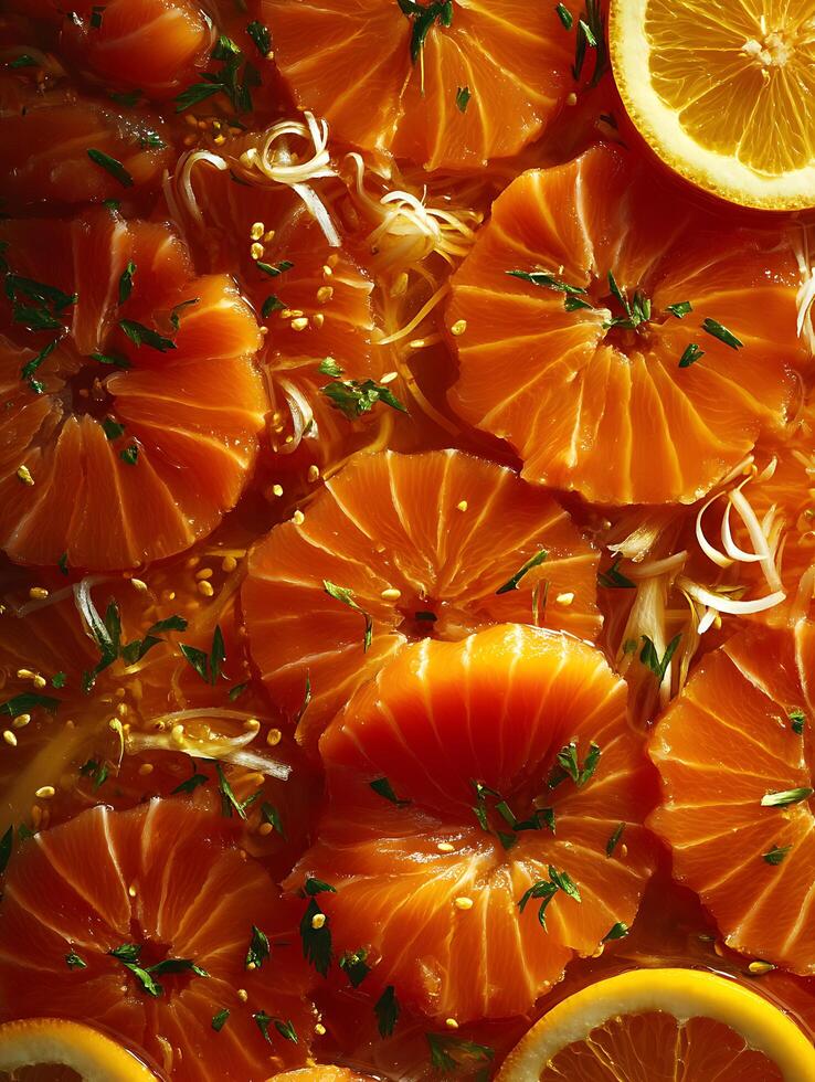 Close Up of Fresh Salmon Slices Marinated in Citrus Dressing. photo