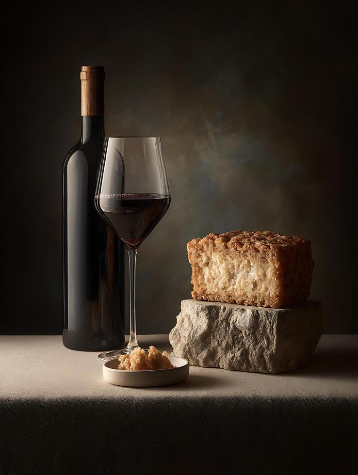 Still Life Photography Red Wine, Crusty Bread, and Stone. photo