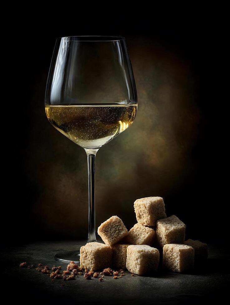 A Glass of Sparkling White Wine with Brown Sugar Cubes. A sophisticated still life photograph. photo