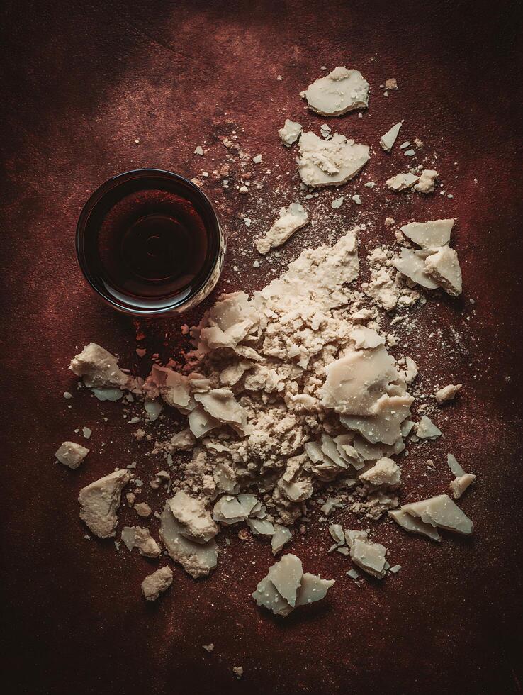 Broken Pieces of White Chocolate and a Glass of Red Wine on a Dark Brown Background. photo