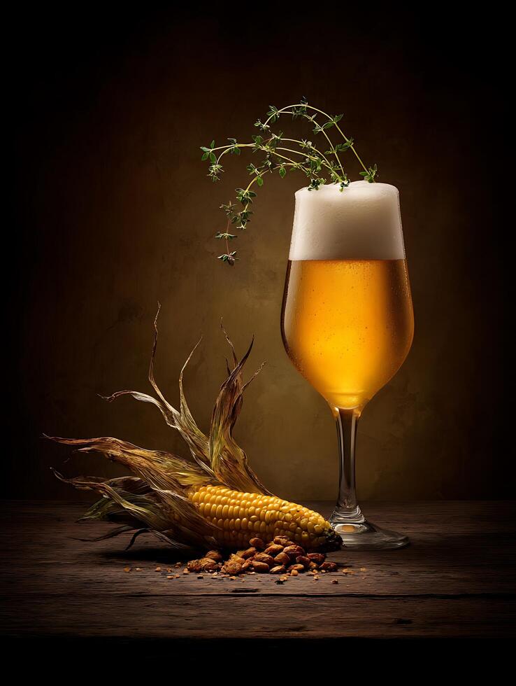 Gourmet Beer Tasting A Glass of Beer with Corn and Thyme. photo