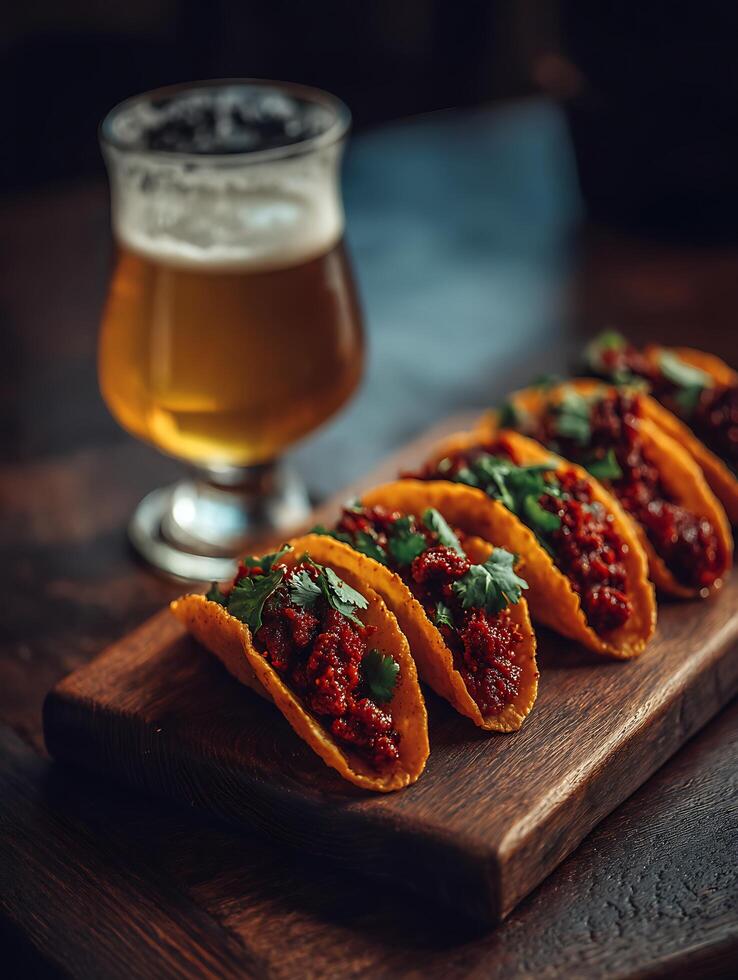 Delicious Tacos with Beer on Wooden Board. A close up image of several tacos with spicy meat filling, garnished with cilantro, served with a glass of beer. photo