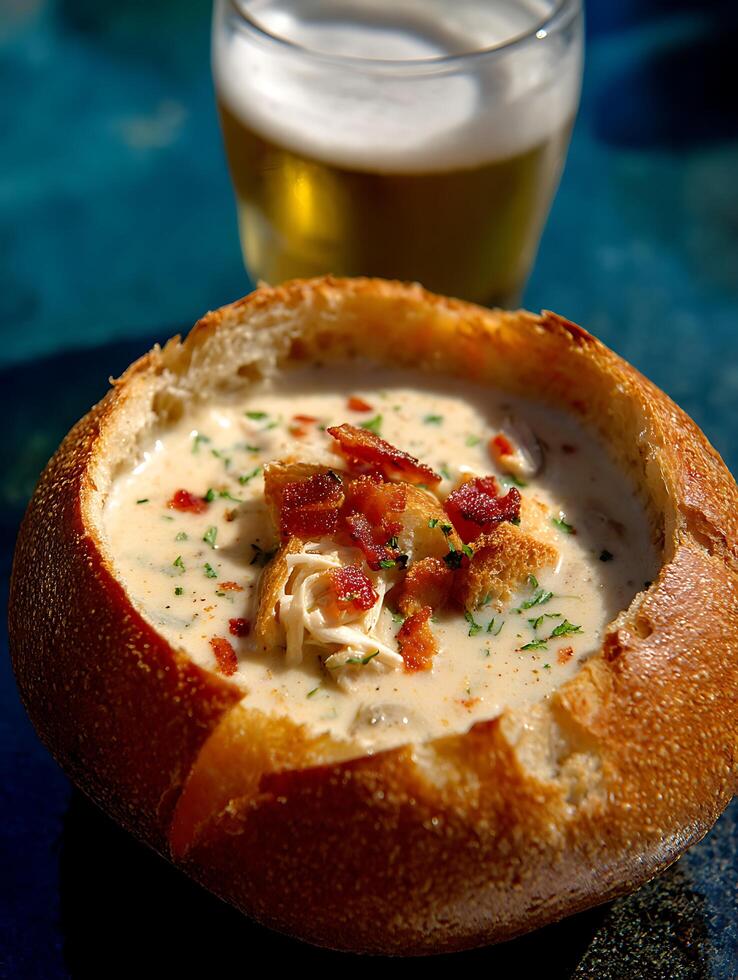 Creamy Soup in a Bread Bowl with Bacon and Beer. A delicious and comforting meal perfect for a chilly day. photo