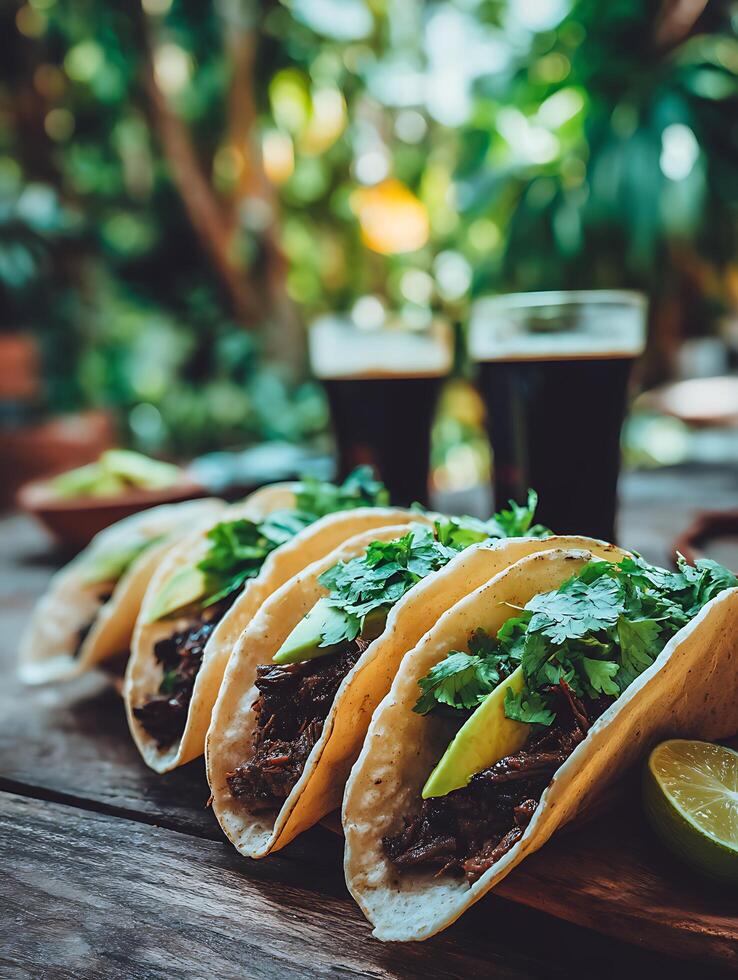 Delicious Tacos with Cilantro and Avocado Close up of Three Tacos on Wooden Board. photo