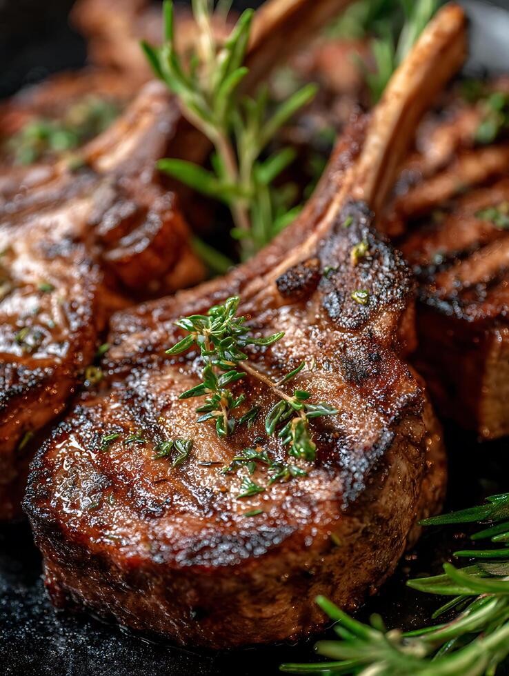 Close Up of Grilled Lamb Chops with Rosemary and Thyme. A delicious image perfect for restaurant menus or culinary publications. photo
