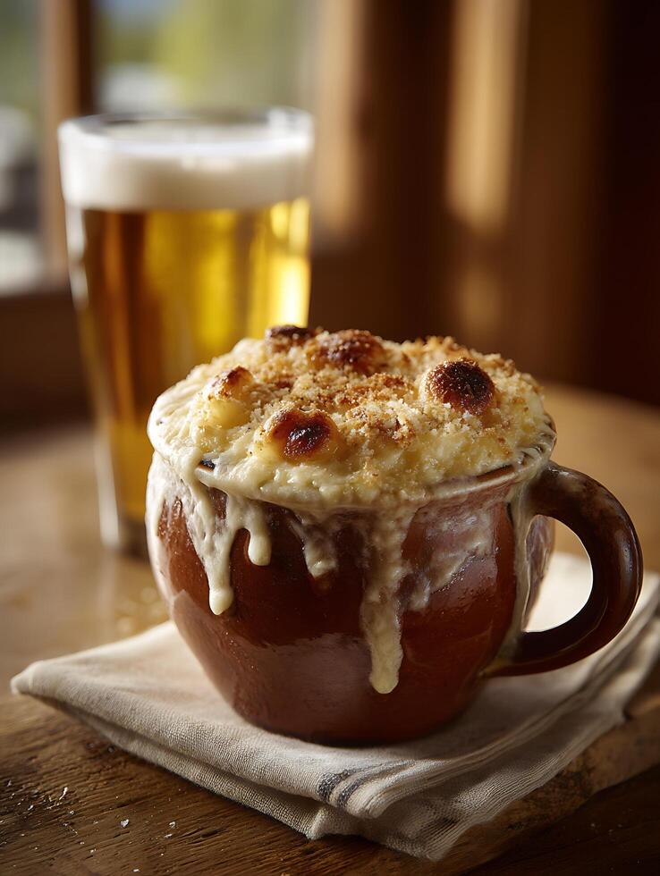 Creamy Mac and Cheese in a Rustic Bowl with Beer. A close up image of a delicious baked mac and cheese dish served in a rustic earthenware bowl, alongside a glass of beer. photo
