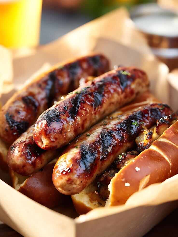 Close Up of Grilled Sausages in Pretzel Buns. A delicious food image perfect for restaurant menus or food blogs. photo