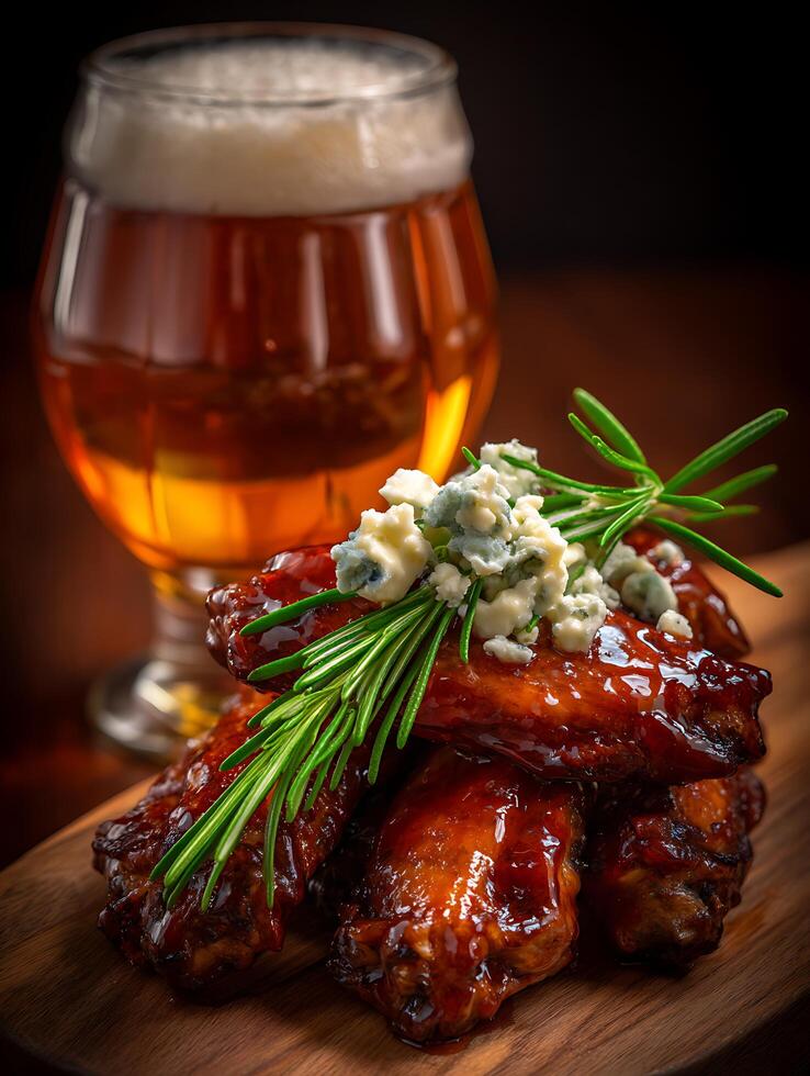 Glazed Chicken Wings with Blue Cheese and Rosemary, Served with Beer. photo